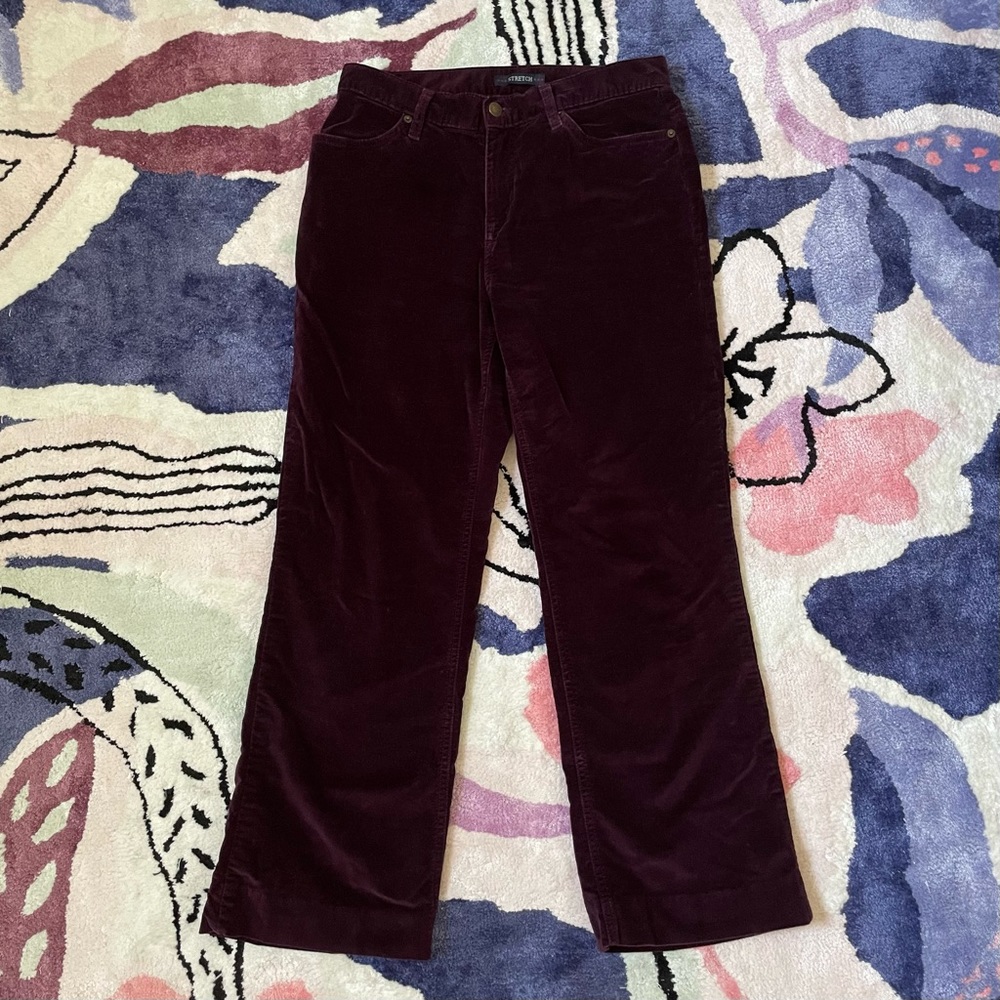 Bill Blass velvet eggplant purple high waist straight leg cotton pants 8